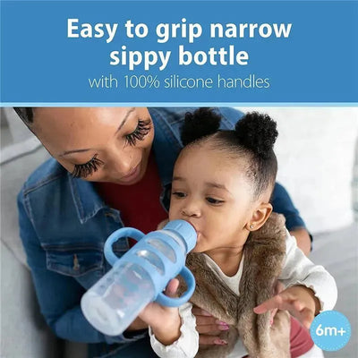 Light blue narrow sippy bottle with silicone handles. A child is drinking from it while being held by a caregiver.