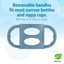 Narrow light blue sippy bottle with removable silicone handles, BPA-free, suitable for most narrow bottles and easy to clean.