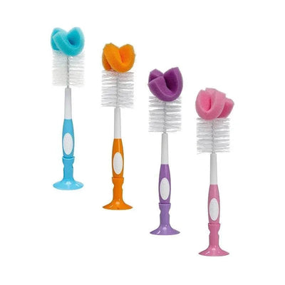 Baby bottle brush set featuring four colorful brushes with soft sponges for cleaning bottles, colors include blue, orange, purple, and pink.