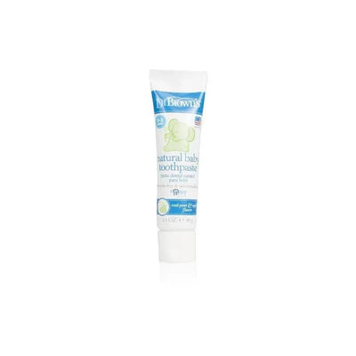 Fluoride-free toothpaste for babies, featuring a light green elephant design and root beer flavor.