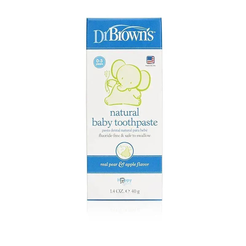 Natural baby toothpaste for ages 0-3, featuring an elephant design, fluoride-free, with pear and apple flavor.