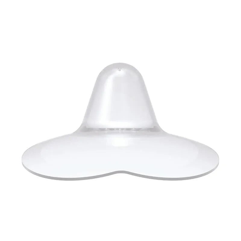 Clear silicone nipple shield designed for breastfeeding, featuring a bulbous top and wide base for comfort.