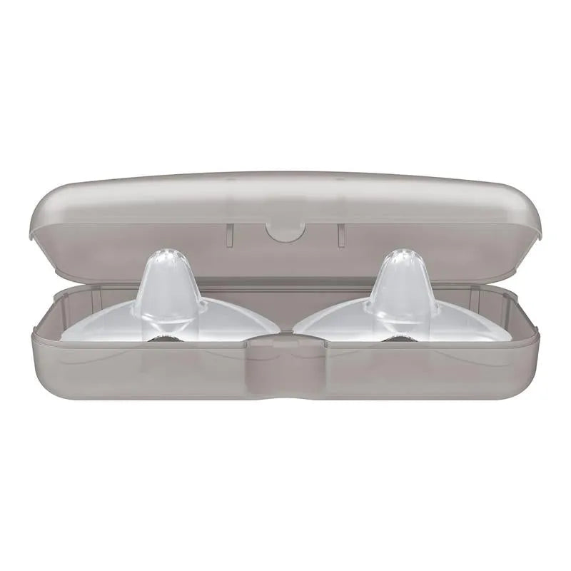 Nipple Shields 2-pack with sterilizer case, features two clear nipple shields inside a protective, transparent container.