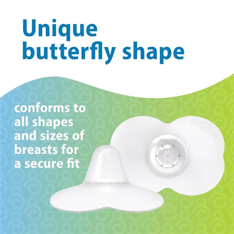 Nipple shields in unique butterfly shape, designed to conform for a secure breastfeeding fit. Sterilizer case included.