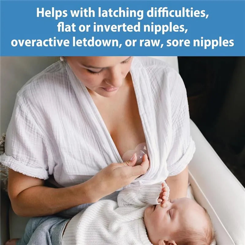 Nipple shields being used by a woman to assist breastfeeding an infant, with text highlighting benefits for latching difficulties.