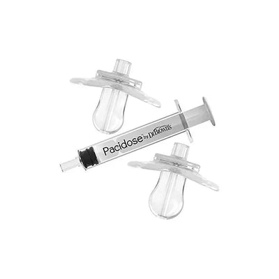Pacidose pacifier and liquid medicine dispenser set by Dr. Brown, featuring a syringe and two transparent pacifiers.
