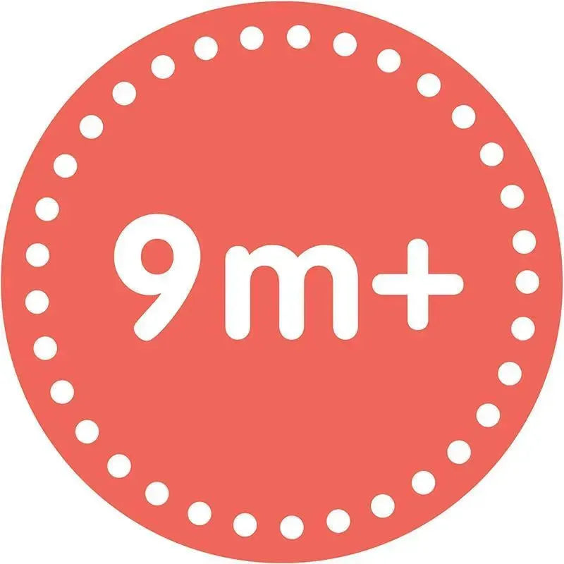 9 months and up age recommendation in white text on a red circular background with white dots.