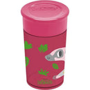 Red training sippy cup by Dr. Brown featuring a cute animal design and green leaf patterns on a pink background.