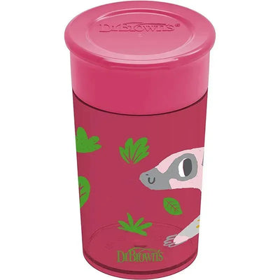 Red training sippy cup by Dr. Brown featuring a cute animal design and green leaf patterns on a pink background.