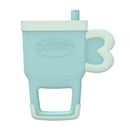 Blue tumbler massaging teether with a unique handle design, featuring a soft silicone material for infants.