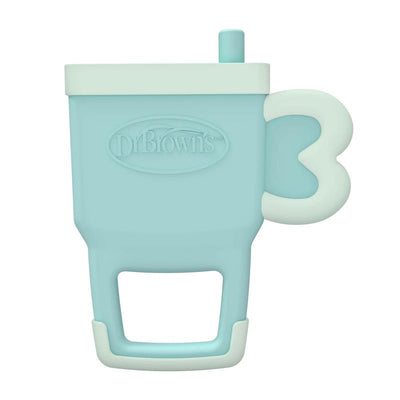 Blue tumbler massaging teether with a unique handle design, featuring a soft silicone material for infants.