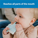 Blue Dr. Brown Ridgees massaging teether held by a baby, promoting mouth exploration and teething relief.