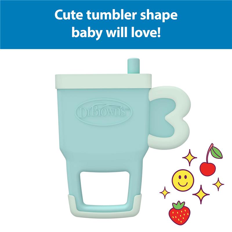Blue Dr. Brown Ridgees tumbler teether with a straw and a playful handle, featuring cartoon fruits and smiley icons.