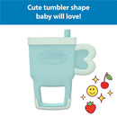 Blue Dr. Brown Ridgees tumbler teether with a straw and a playful handle, featuring cartoon fruits and smiley icons.
