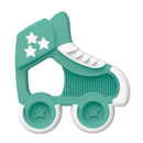 Teal roller skate-shaped teether with white accents, featuring three stars and textured surfaces for massaging gums.
