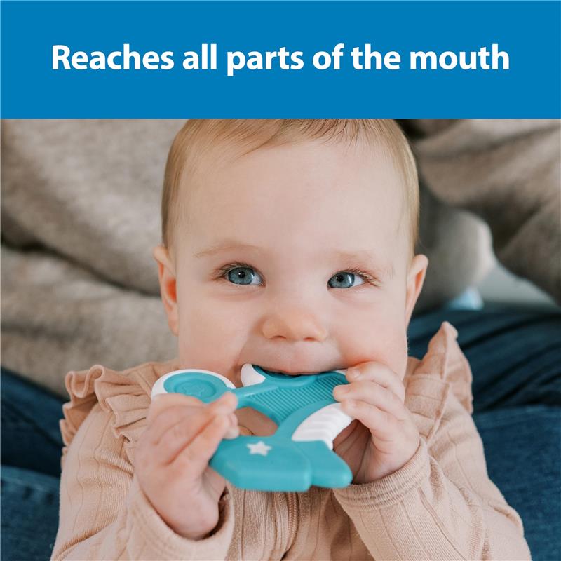 Baby biting a Dr. Brown Ridgees Roller Skate Massaging Teether, designed for reaching all parts of the mouth.