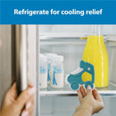 Dr. Brown Ridgees Roller Skate Massaging Teether held in hand inside a refrigerator next to baby bottles and a yellow beverage.