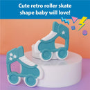 Retro roller skate teether in teal, designed for babies, with white wheels and star details on the sides.