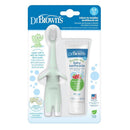 Infant-to-toddler toothbrush set featuring a mint elephant-shaped brush and fluoride-free strawberry toothpaste.