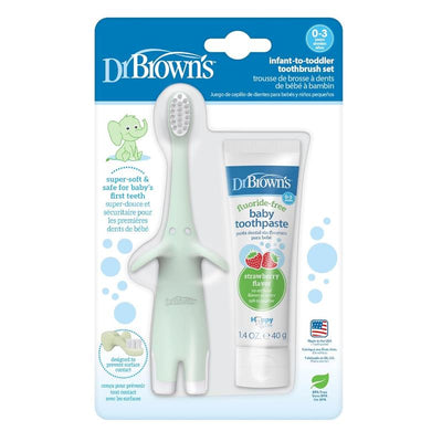 Infant-to-toddler toothbrush set featuring a mint elephant-shaped brush and fluoride-free strawberry toothpaste.