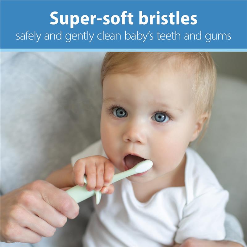 Infant brushing teeth with a mint elephant training toothbrush, showcasing super-soft bristles for gentle cleaning.
