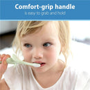 A child using a mint elephant training toothbrush with a comfort-grip handle, promoting easy use for toddlers.