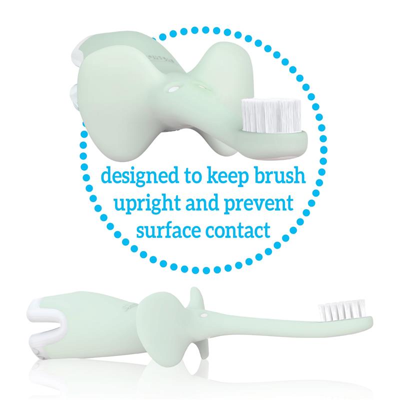 Mint elephant-shaped training toothbrush designed to keep brush upright, with text about preventing surface contact.