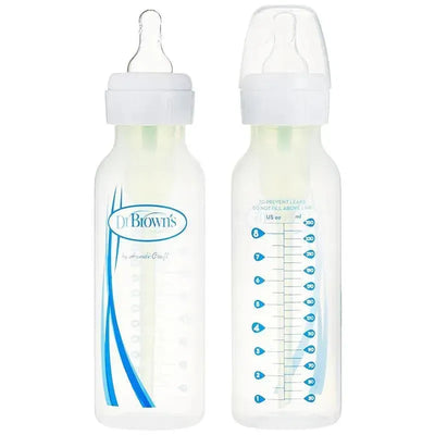 Dr. Brown’s Natural Flow Options 8oz baby bottles, two-pack, featuring clear plastic with measurement markings.