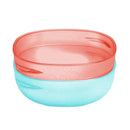 Two colorful plastic bowls, one red with a dot pattern and one light blue, designed for serving food.