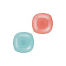 Two square bowls, one red and one light blue, designed for food serving, featuring a textured interior and smooth edges.
