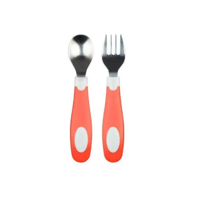 Soft grip spoon and fork set in coral color, designed for children, featuring ergonomic handles for easy use.