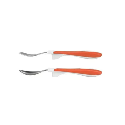 Soft Grip Spoon and Fork Set in coral, featuring ergonomic handles for comfortable use by toddlers.