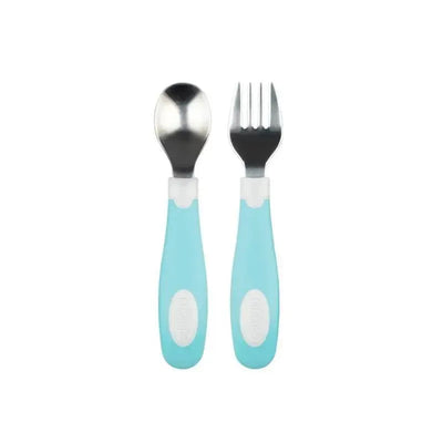 Teal soft grip spoon and fork set for children, featuring a stainless steel head and ergonomic handle design.