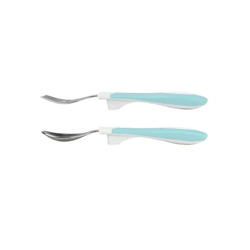 Teal-colored soft grip spoon and fork set designed for children, featuring curved stainless steel heads and comfortable handles.