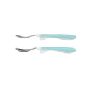 Teal-colored soft grip spoon and fork set designed for children, featuring curved stainless steel heads and comfortable handles.