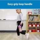 Child walking in a classroom holding a pink Dr. Brown sport bottle with a removable freezer stick.