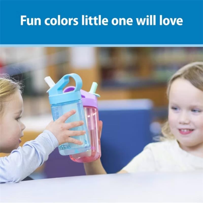 Two children are happily raising colorful Dr. Brown sport bottles, one pink and one blue, in a playful toast.