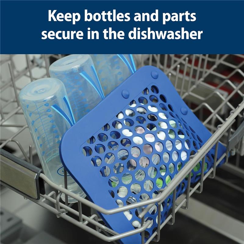 Adjustable blue dishwasher bag securing baby bottles and parts in a dishwasher, with visible measuring marks on the bottles.