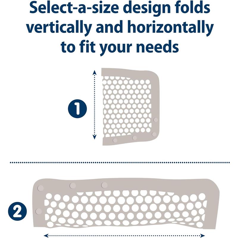 Adjustable dishwasher bag with a select-a-size design, demonstrating vertical and horizontal folding options for customization.