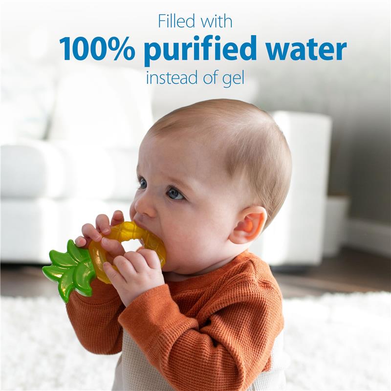 A baby is chewing on a yellow and green water-filled teether shaped like apple and pineapple, labeled as BPA free.