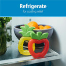 AquaCool water-filled teethers shaped like apple and pineapple, designed to refrigerate for cooling relief, BPA free.