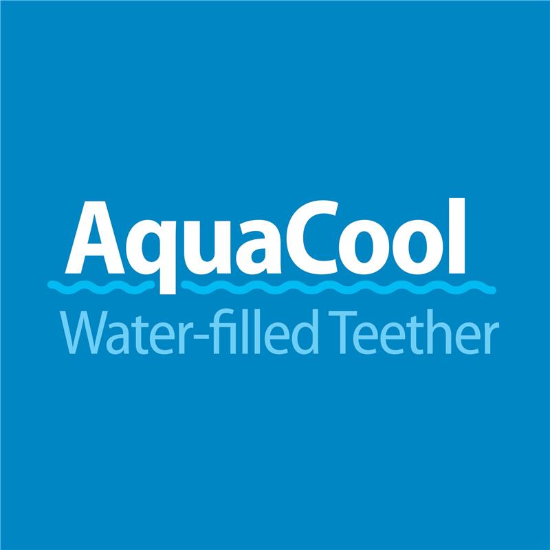 AquaCool Water-filled Teether product logo, featuring vibrant blue background with white text. Ideal for infants 3 months and older.