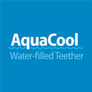 AquaCool Water-filled Teether product logo, featuring vibrant blue background with white text. Ideal for infants 3 months and older.