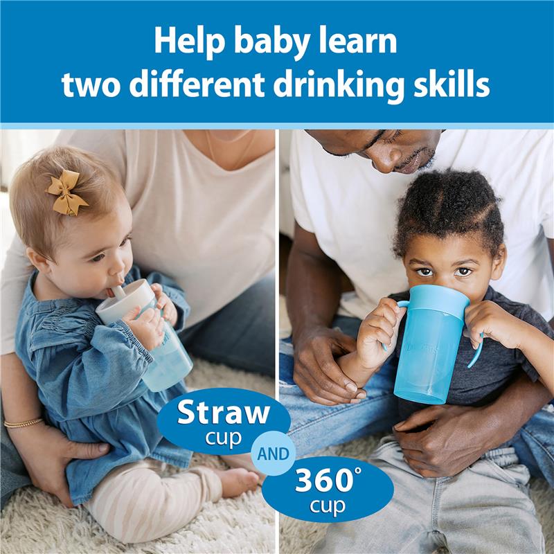 Toddler training cup set in blue, featuring a baby using a straw cup and a child with a 360° cup, promoting drinking skills.