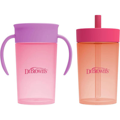 Dr. Brown's 2Pk Milestones Straw to 360 Convertible Toddler Training Cup Set with Interchangeable Silicone Straw and 360 Degree Cup Lids, Pink Cora Image 1