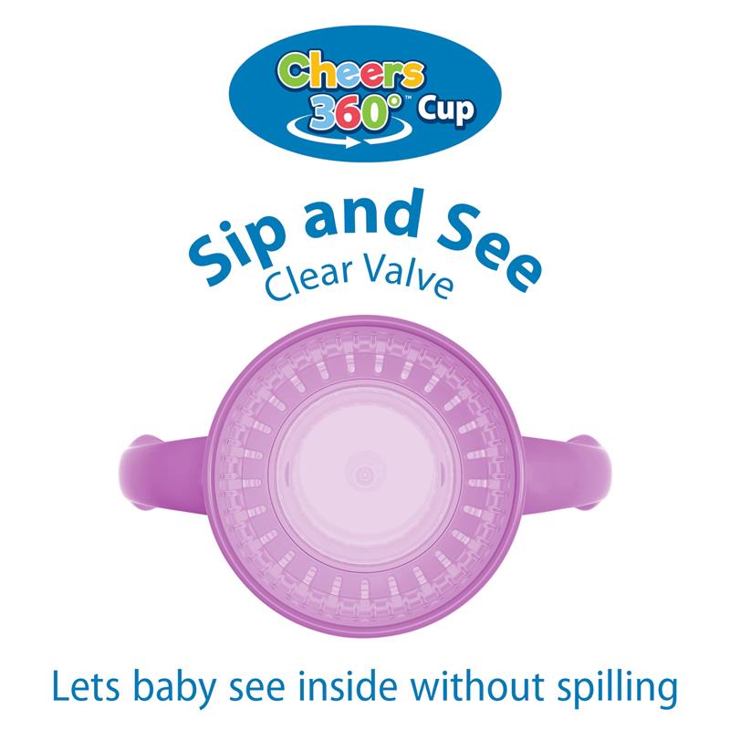 360-degree toddler training cup with clear valve, featuring pink color and handles, promoting spill-free sipping.