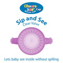 360-degree toddler training cup with clear valve, featuring pink color and handles, promoting spill-free sipping.