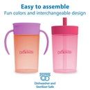 Convertible toddler training cup set in pink and purple, featuring interchangeable silicone straw and lids, easy to assemble.