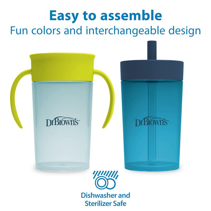 Convertible toddler training cups in fun colors, featuring interchangeable lids and easy assembly. Dishwasher safe.