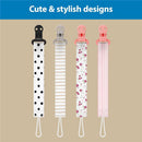 Universal fit fabric pacifier clips featuring four stylish designs: black dots, beige stripes, floral, and pink stripes.